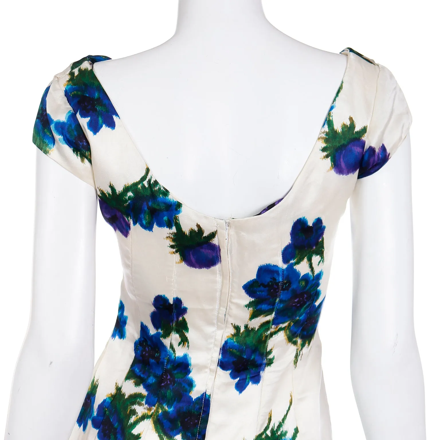 1960s Fine Silk Ivory Dress W Bold Blue Flowers & Ruched Bodice