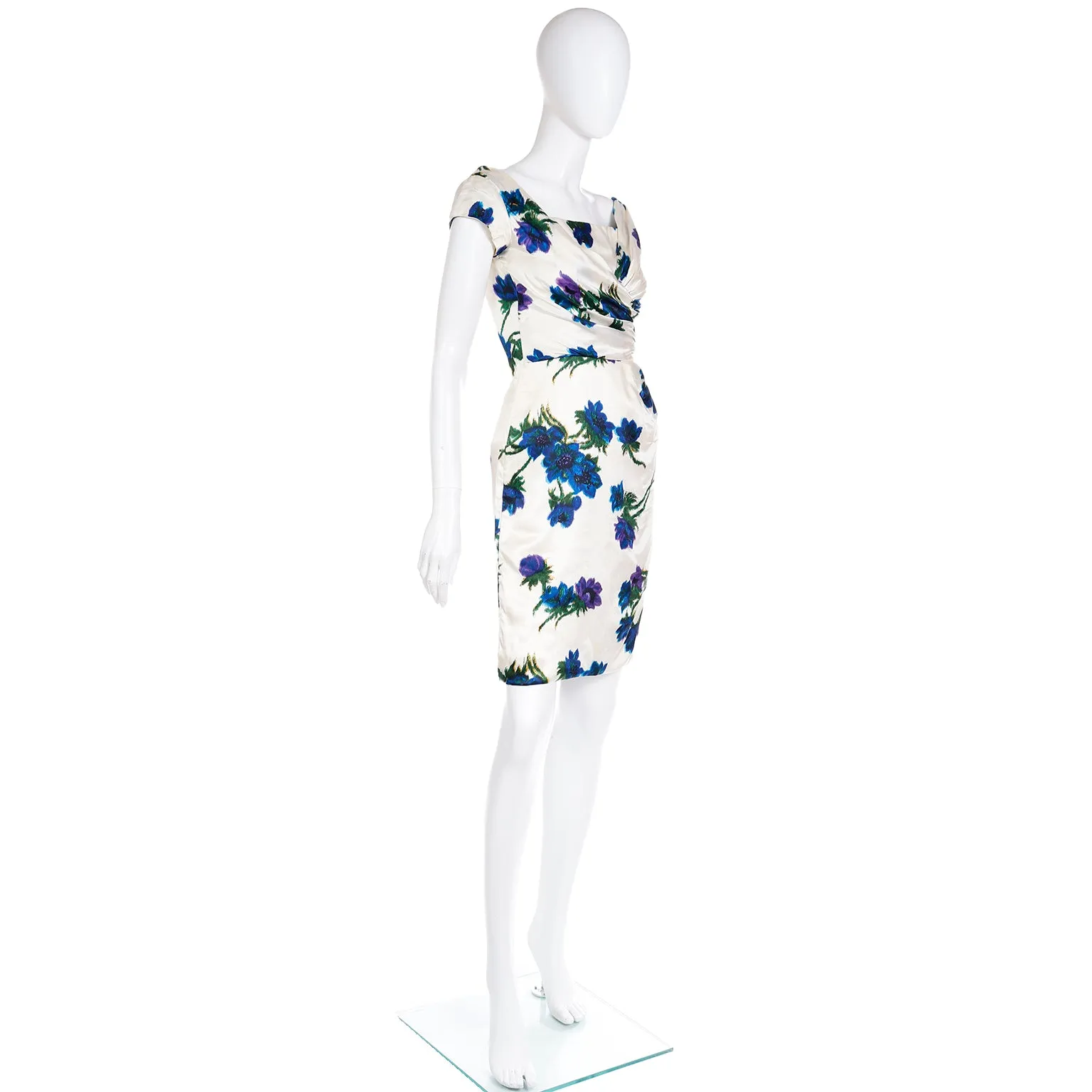 1960s Fine Silk Ivory Dress W Bold Blue Flowers & Ruched Bodice