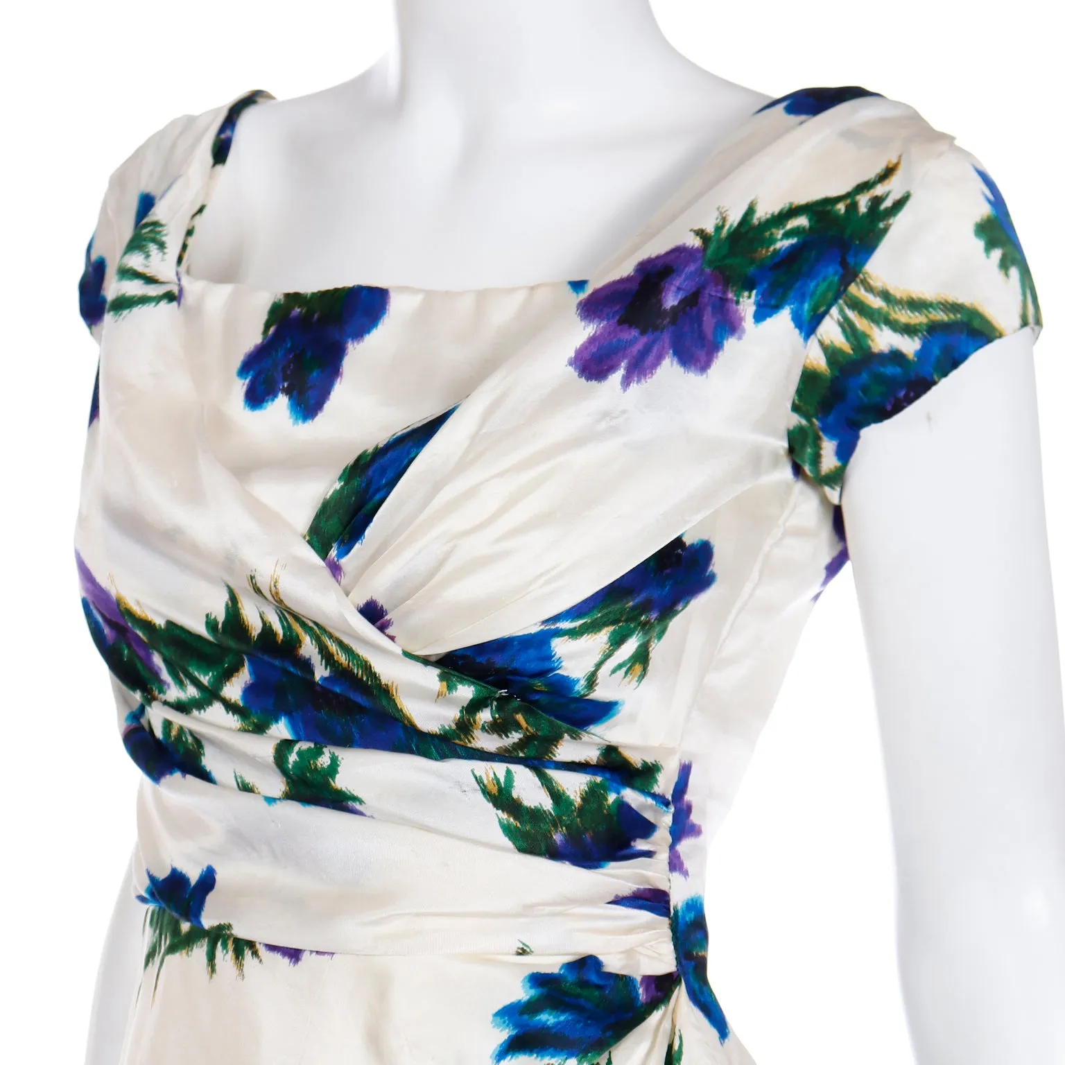 1960s Fine Silk Ivory Dress W Bold Blue Flowers & Ruched Bodice