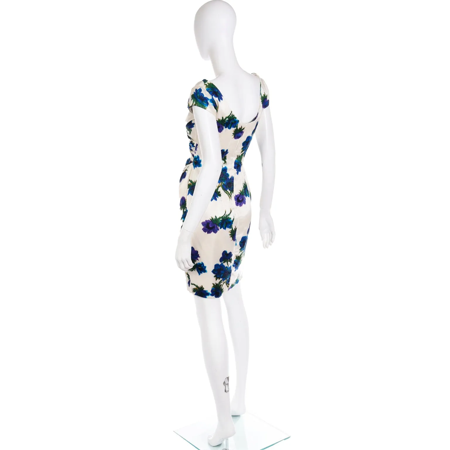 1960s Fine Silk Ivory Dress W Bold Blue Flowers & Ruched Bodice