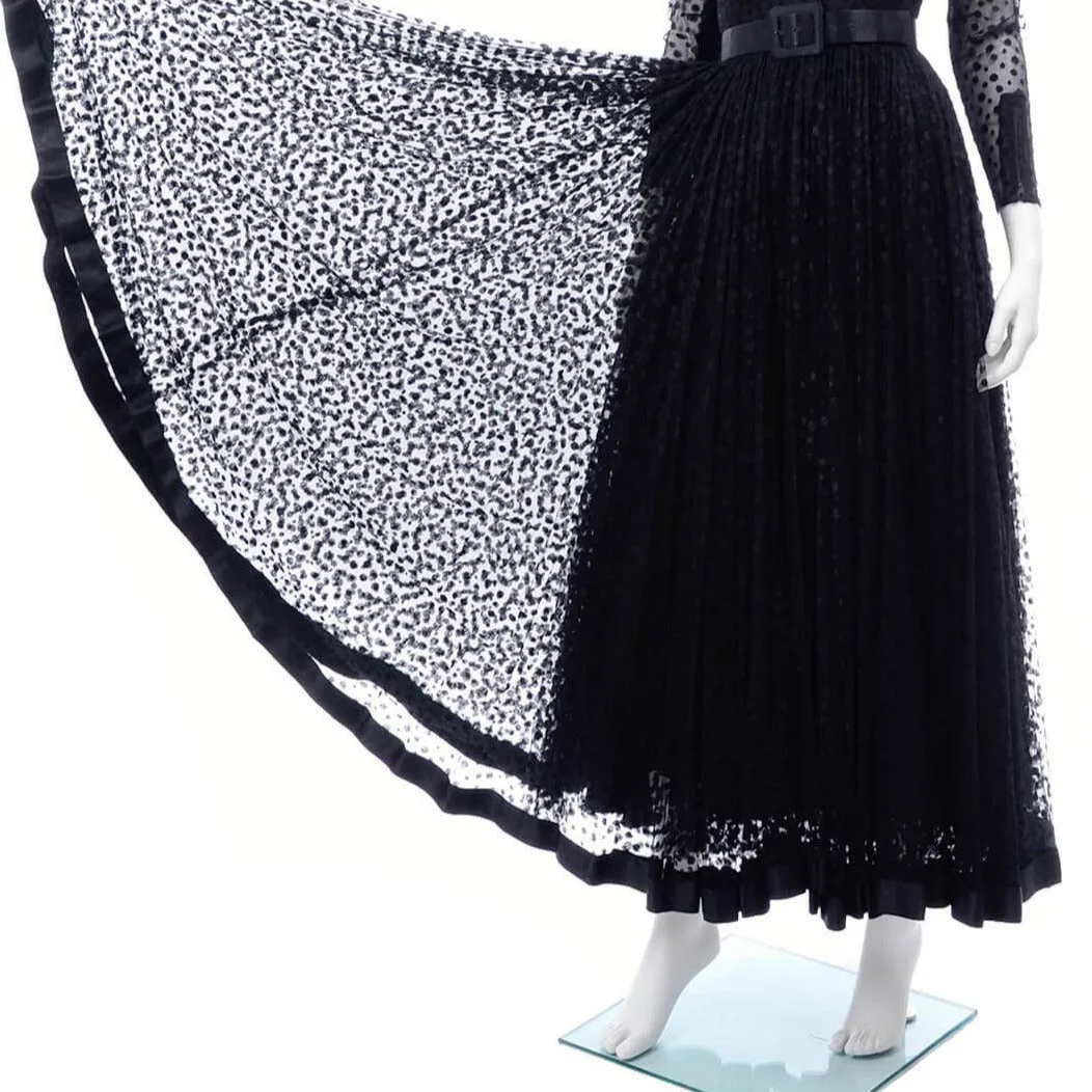 1970s Bill Blass Black Polka Dot Net Evening Dress w/ Illusion Bodice