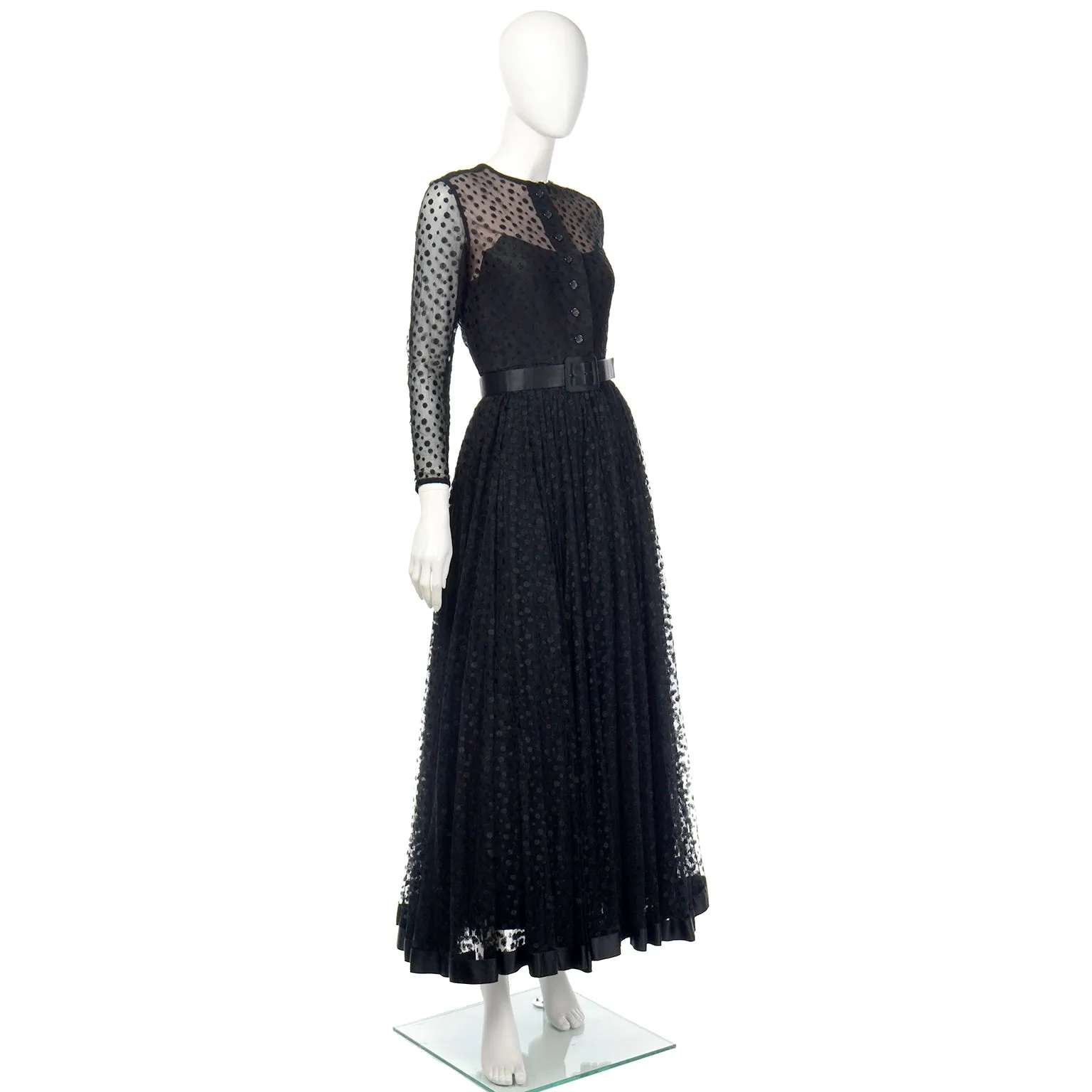 1970s Bill Blass Black Polka Dot Net Evening Dress w/ Illusion Bodice