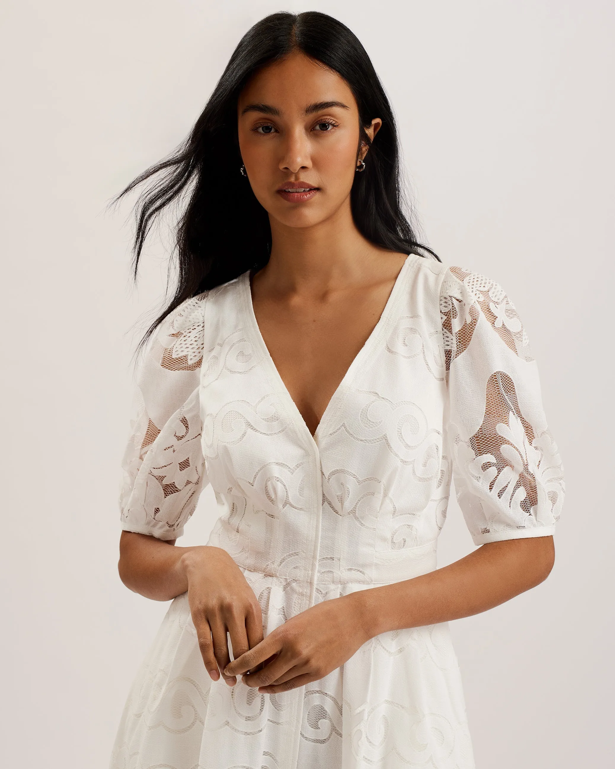 Agnel Lace Puff Sleeve Midi Dress White