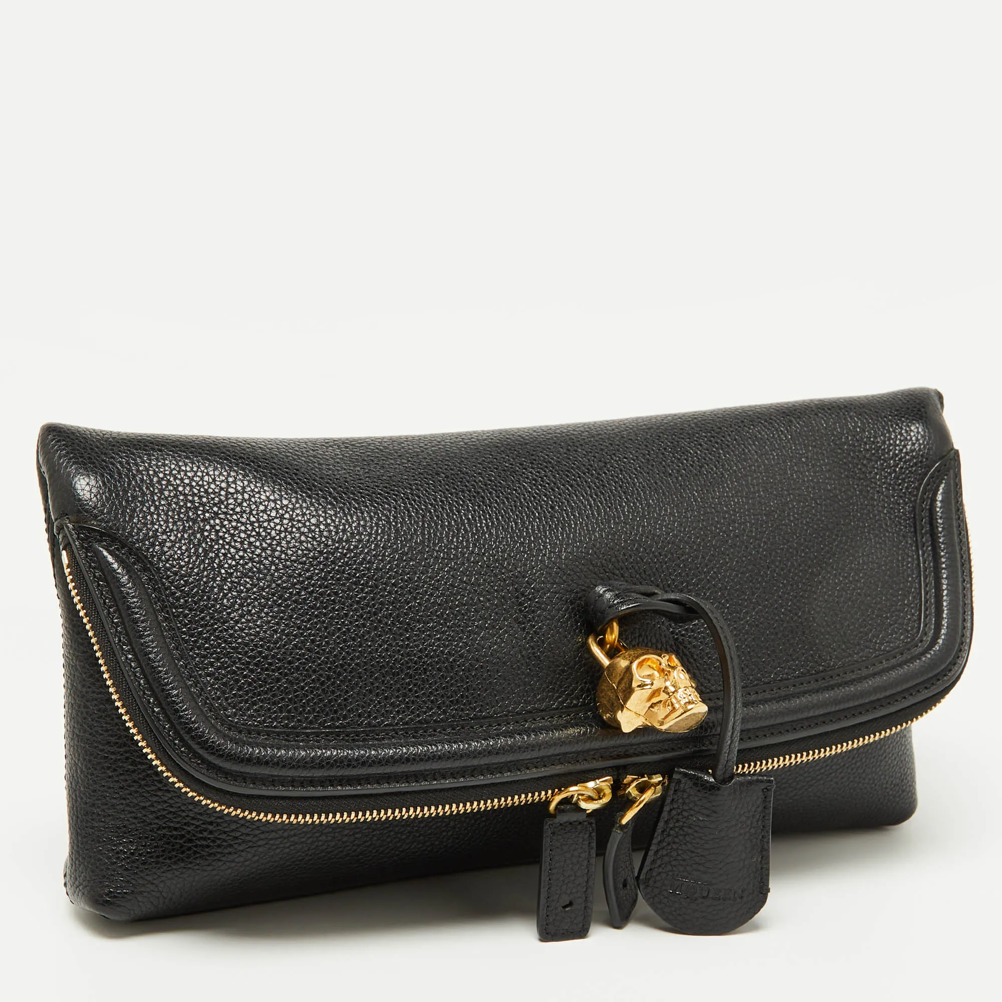 ALEXANDER MCQUEEN Black Leather Skull Padlock Fold-Over Clutch