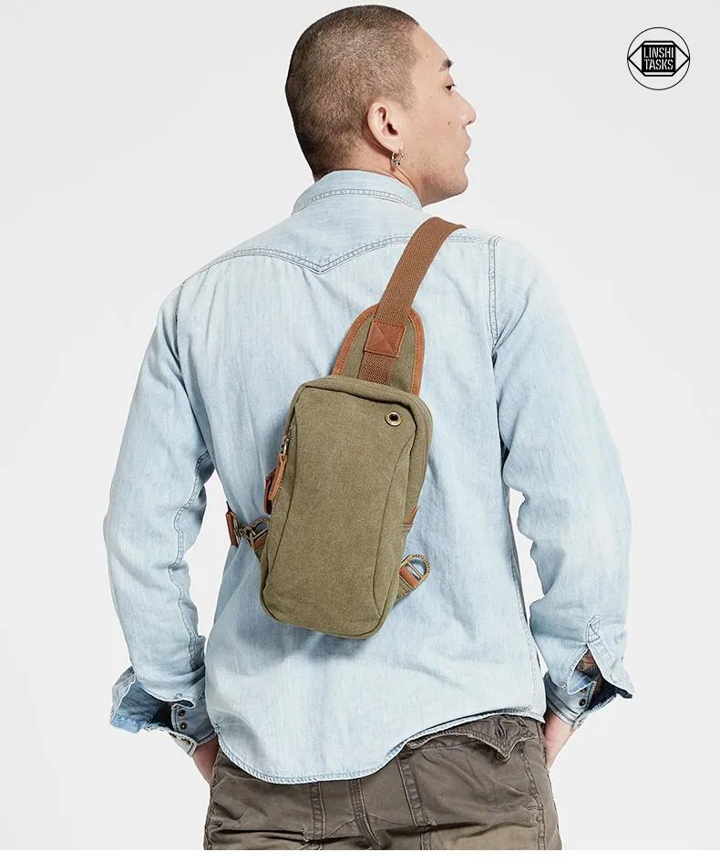 Army Green Canvas Sling Backpack Men's Sling Bag Blue Chest Bag Canvas One shoulder Backpack For Men