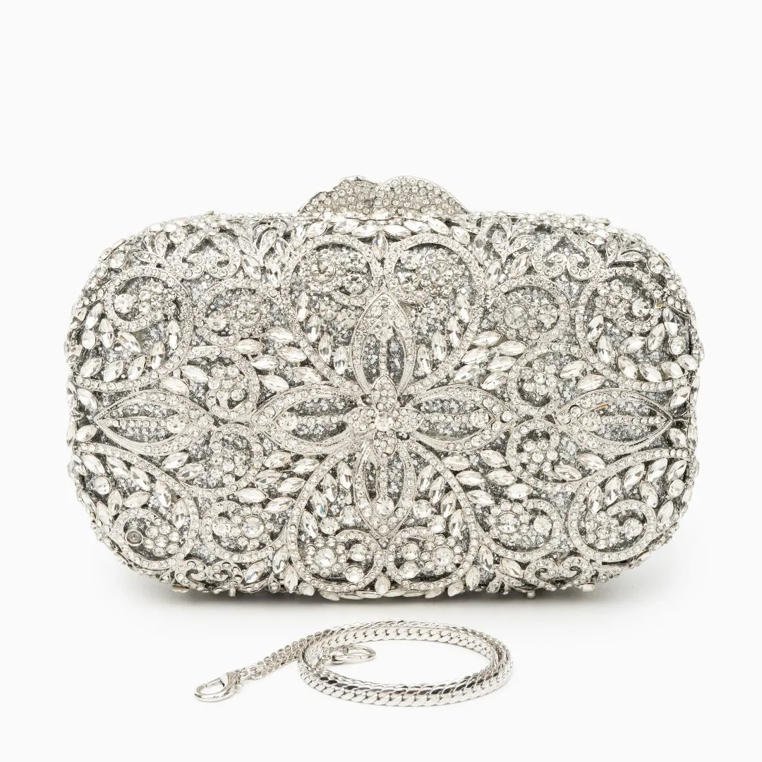 Athena Flower Rhinestones Clutch Bag - Silver