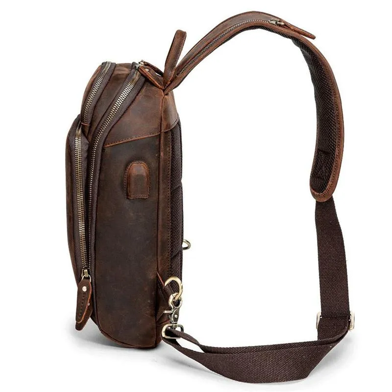 Badass Dark Brown Leather Men's Sling Bag Chest Bag Vintage One shoulder Backpack For Men