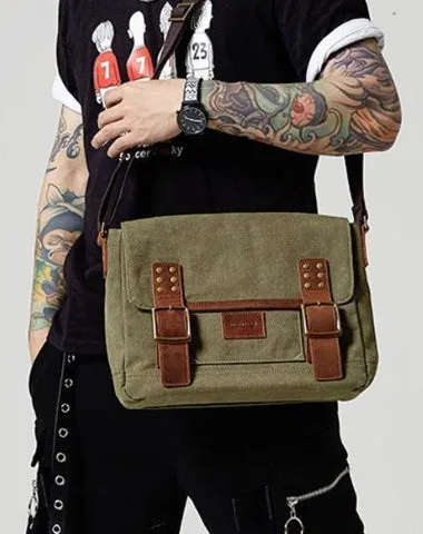 Black Canvas Leather Mens Side Bag Messenger Bags Army Green Canvas Courier Bag for Men