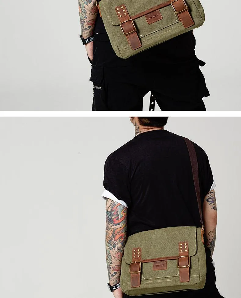 Black Canvas Leather Mens Side Bag Messenger Bags Army Green Canvas Courier Bag for Men