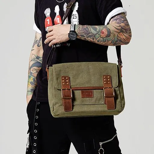 Black Canvas Leather Mens Side Bag Messenger Bags Army Green Canvas Courier Bag for Men