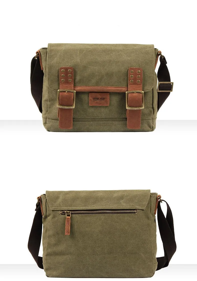 Black Canvas Leather Mens Side Bag Messenger Bags Army Green Canvas Courier Bag for Men