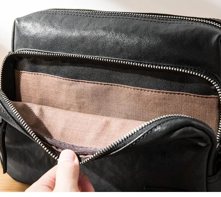 Black Cool Leather Mens 10 inches Courier Bag Postman Bag Black Messenger Bags Side Bag for Men