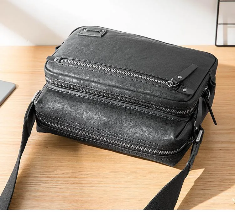 Black Cool Leather Mens 10 inches Courier Bag Postman Bag Black Messenger Bags Side Bag for Men