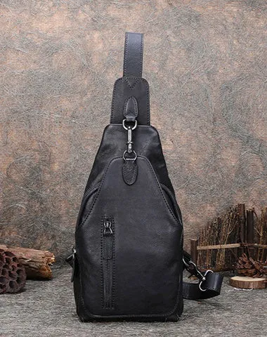 Black Gray Mens Sling Bag Vintage Leather Chest Bag Crossbody Pack for Men