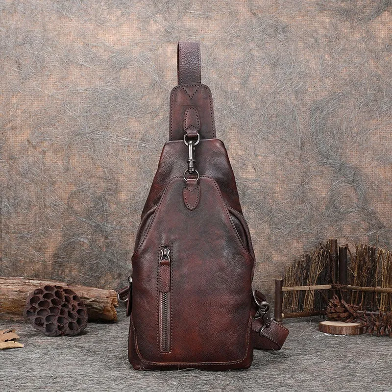 Black Gray Mens Sling Bag Vintage Leather Chest Bag Crossbody Pack for Men