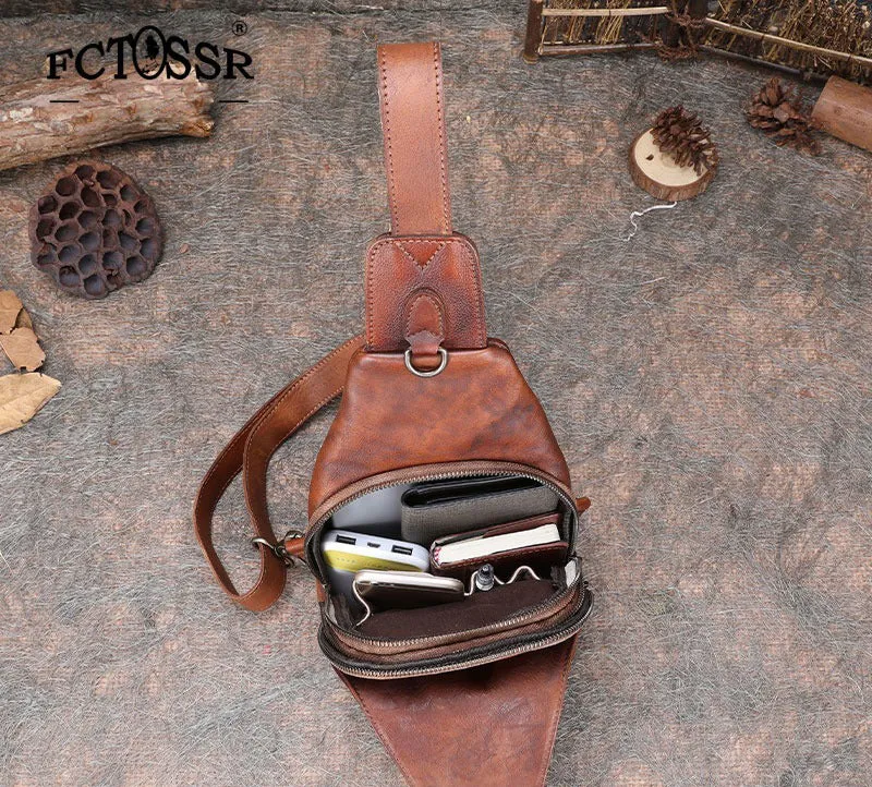 Black Gray Mens Sling Bag Vintage Leather Chest Bag Crossbody Pack for Men