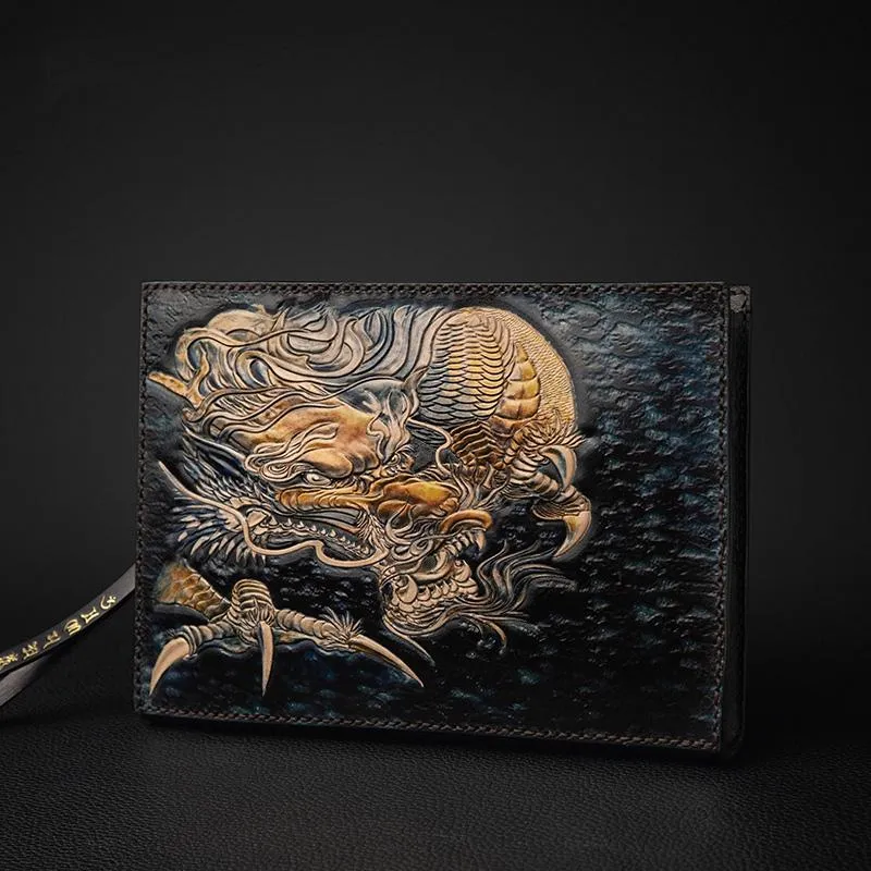 Black Handmade Tooled Leather Lion Chinese Dragon Clutch Wallet Wristlet Bag Clutch Purse For Men