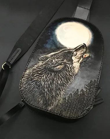 Black Handmade Tooled Leather Wolf Sling Bag Chest Bag One Shoulder Backpack For Men