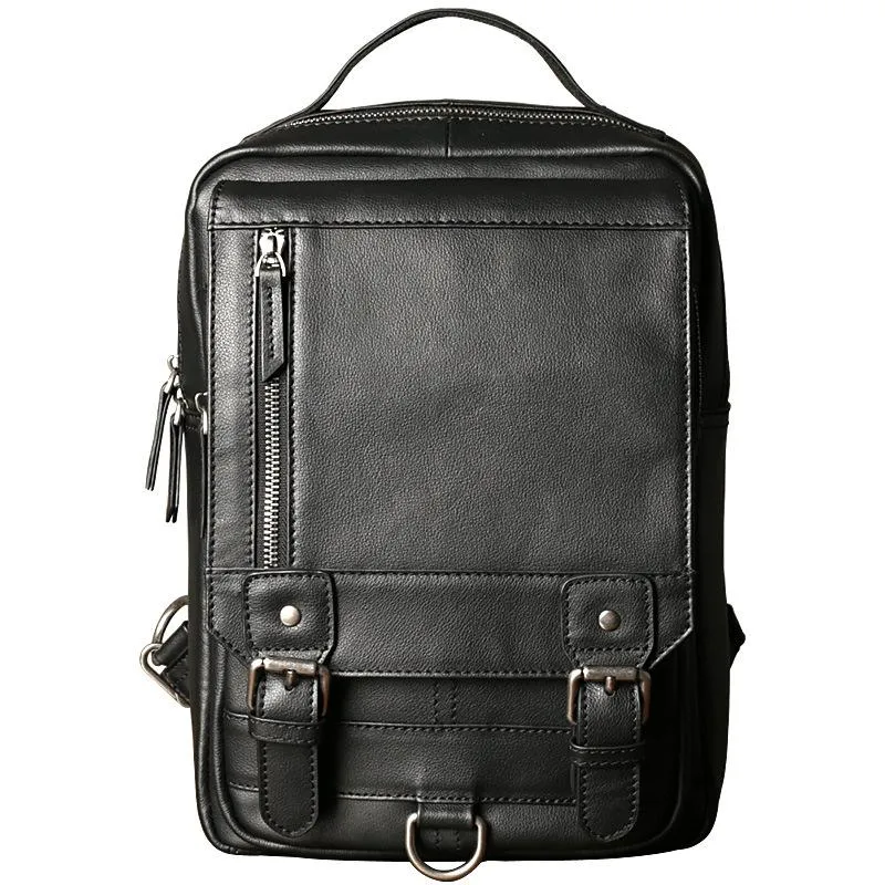 Black Leather Men's 10 inches Sling Bag Computer Backpack Black Travel Backpack Black Sling Pack For Men