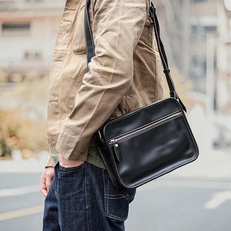 Black Leather Mens Casual Small Courier Bags Messenger Bag Coffee Brown Postman Bag For Men