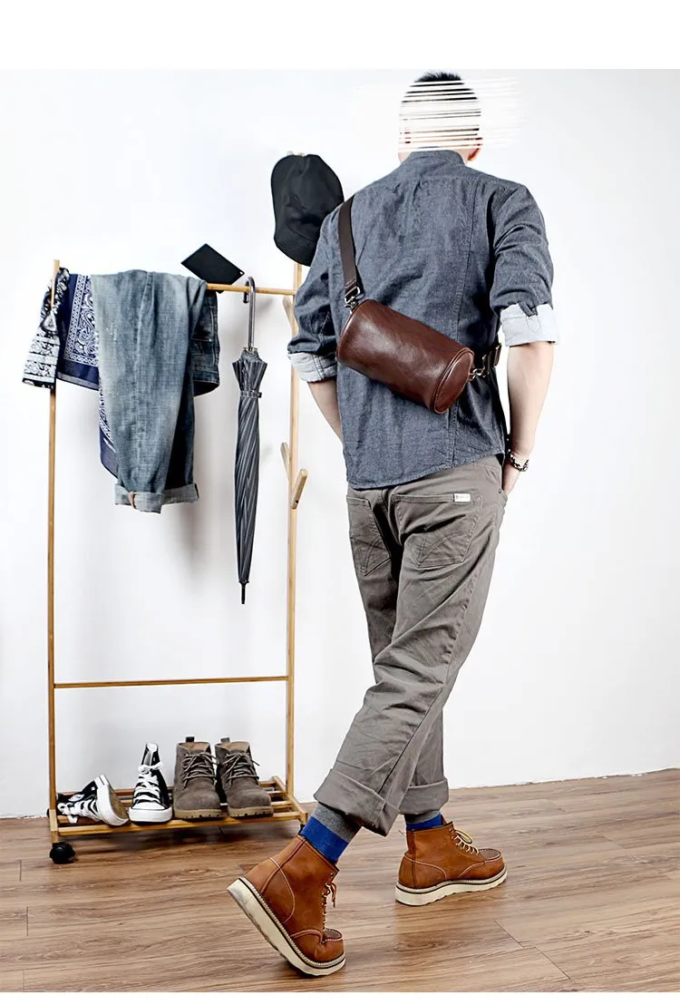 Black Leather Mens Small Casual Bucket Bag Barrel Messenger Bags Brown Postman Bag For Men