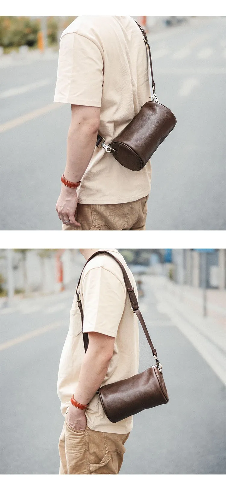 Black Leather Mens Small Casual Bucket Bag Barrel Messenger Bags Brown Postman Bag For Men