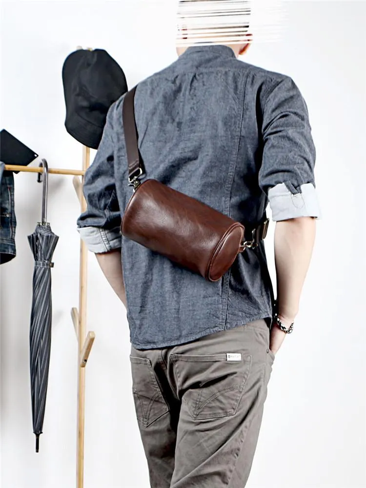 Black Leather Mens Small Casual Bucket Bag Barrel Messenger Bags Brown Postman Bag For Men