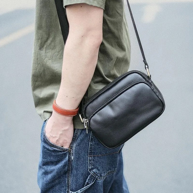 Black Leather Mens Small Courier Bag Messenger Bag Mini Postman Bag For Men