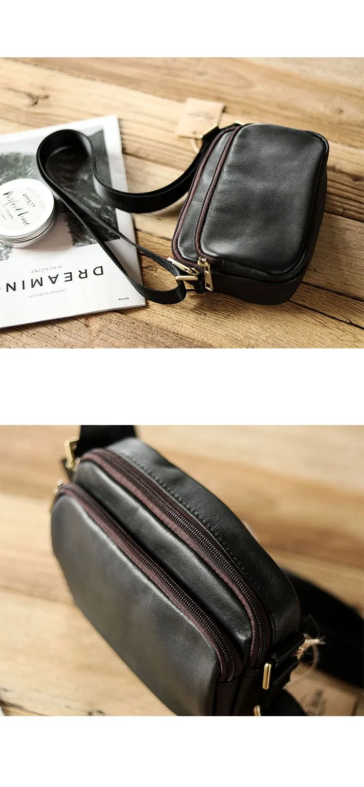 Black Leather Mens Small Courier Bag Messenger Bag Mini Postman Bag For Men