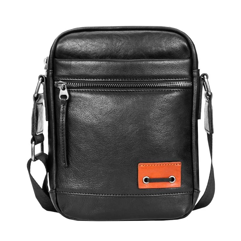 Black Small Leather Mens Vertical Side Bag Black Mini Postman Bag Messenger Bags Phone Bag for Men