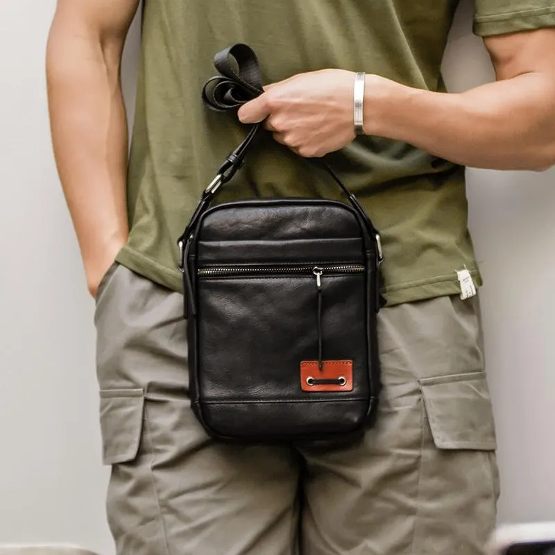 Black Small Leather Mens Vertical Side Bag Black Mini Postman Bag Messenger Bags Phone Bag for Men