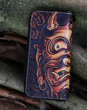 Black Tooled Buddha Leather Wallet Handmade Zipper Long Wallets For Men