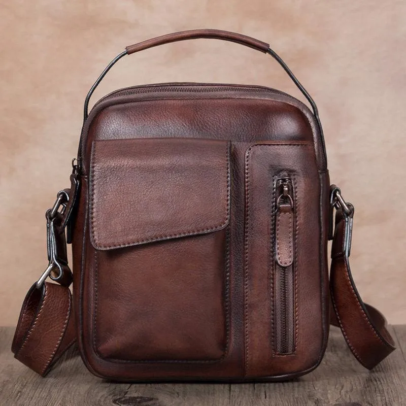 Black Vertical Mens Leather Messenger Bag Brown Side Bag Small Blue Handbag Courier Bag Postman Bag