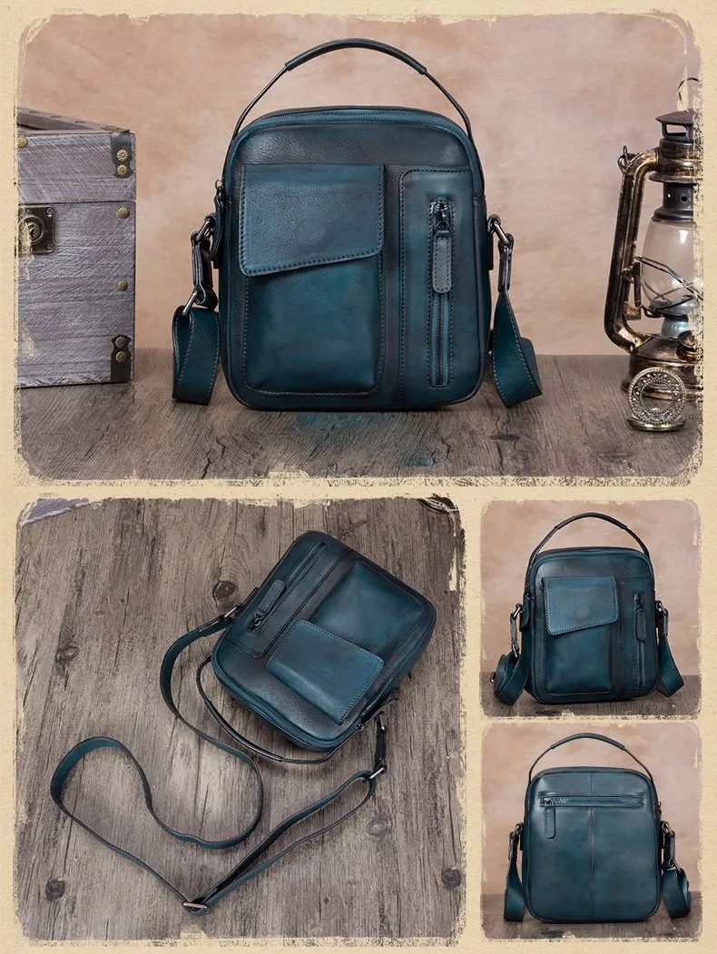 Black Vertical Mens Leather Messenger Bag Brown Side Bag Small Blue Handbag Courier Bag Postman Bag