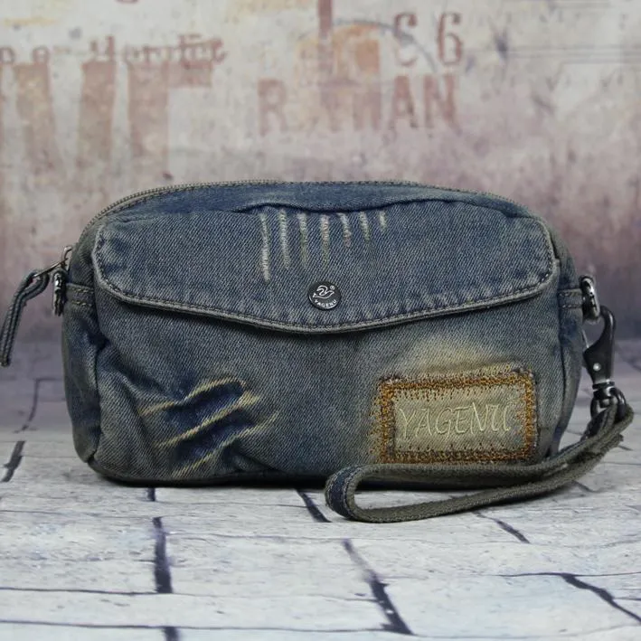 Blue Denim Mens Casual Small Messenger Bags Jean Clutch Bag Courier Bag For Men