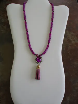 Bronze Purple Black Glass Beads Purple Bling Pendant Purple Tassel Necklace (N1290)