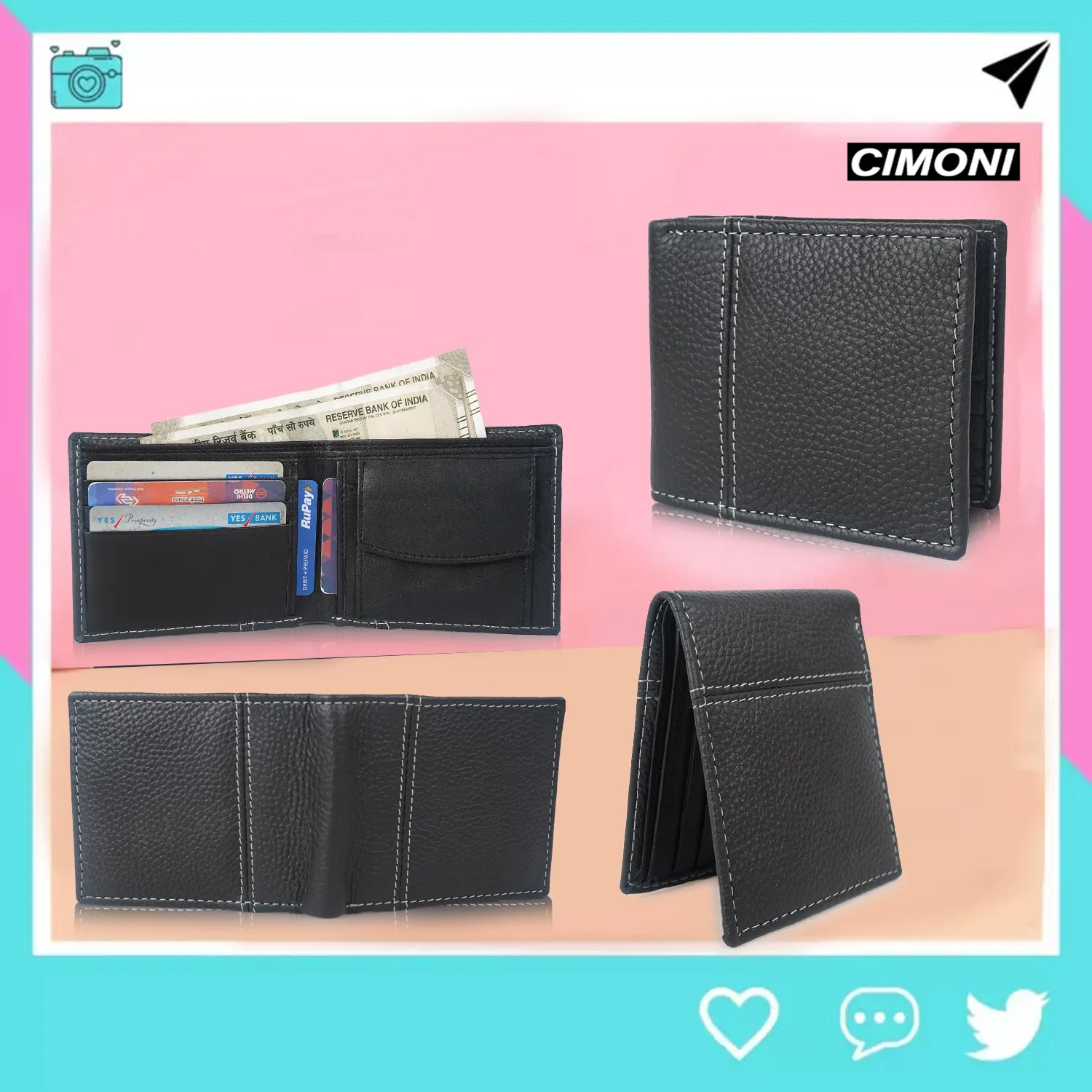 CIMONI Genuine Gents leather wallets / men's leather purses Black on Sale