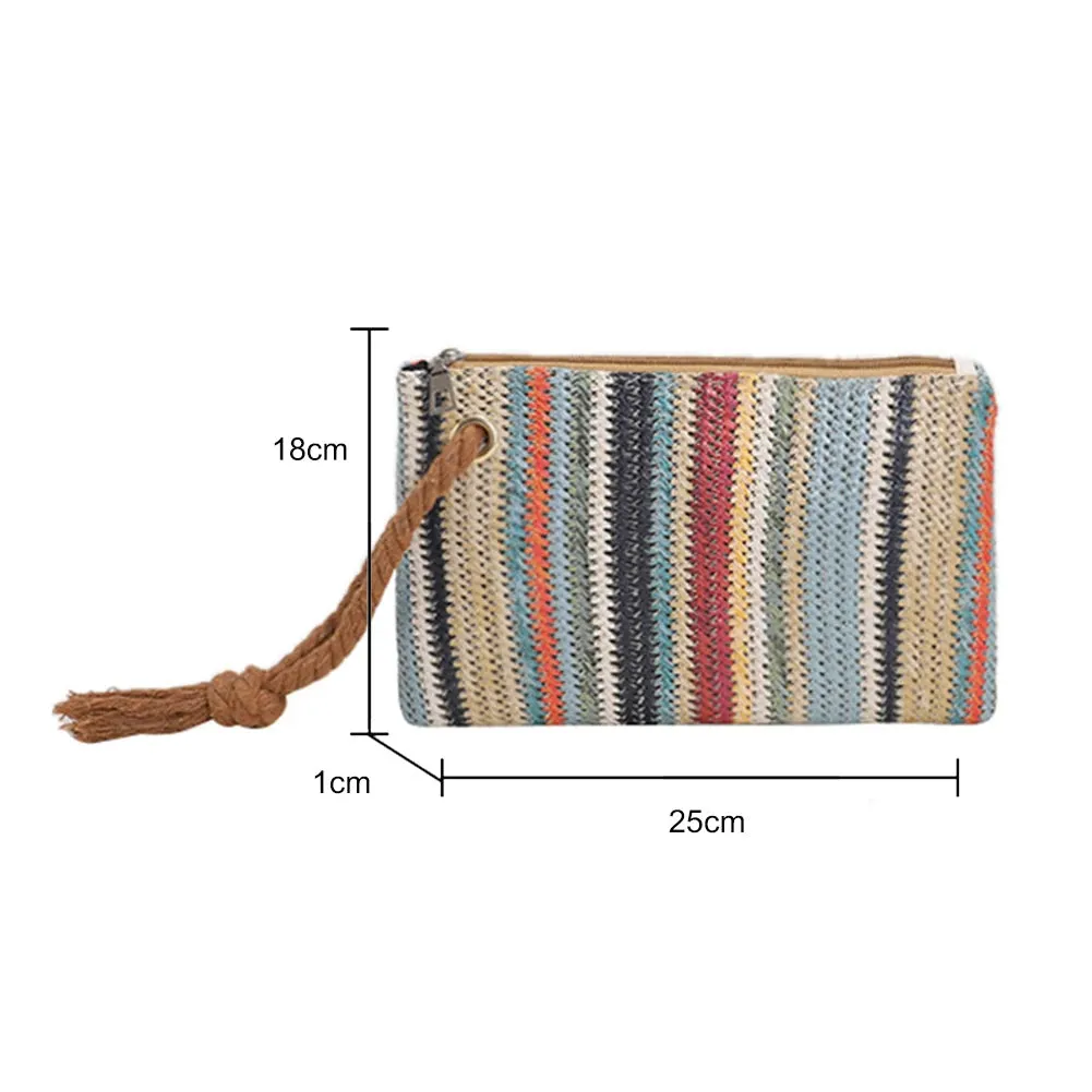 Colorful Wave Straw Woven Bag Women's Flip Clutch Bag Summer Beach Handbag Hand-woven Bag Mobile Phone Bag Female Purse Wallet