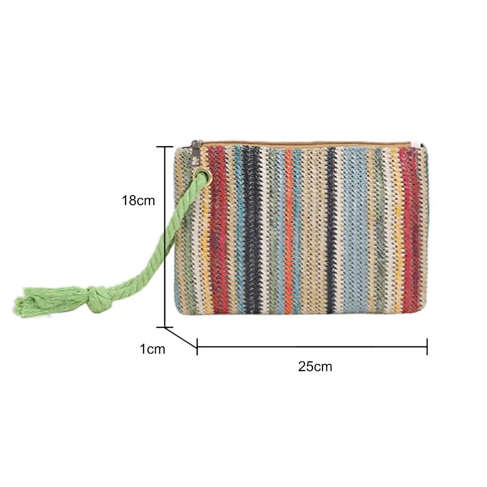 Colorful Wave Straw Woven Bag Women's Flip Clutch Bag Summer Beach Handbag Hand-woven Bag Mobile Phone Bag Female Purse Wallet