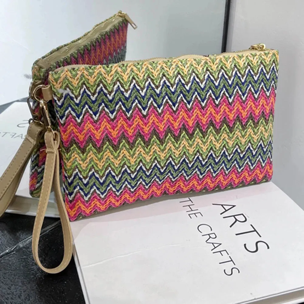 Colorful Wave Straw Woven Bag Women's Flip Clutch Bag Summer Beach Handbag Hand-woven Bag Mobile Phone Bag Female Purse Wallet