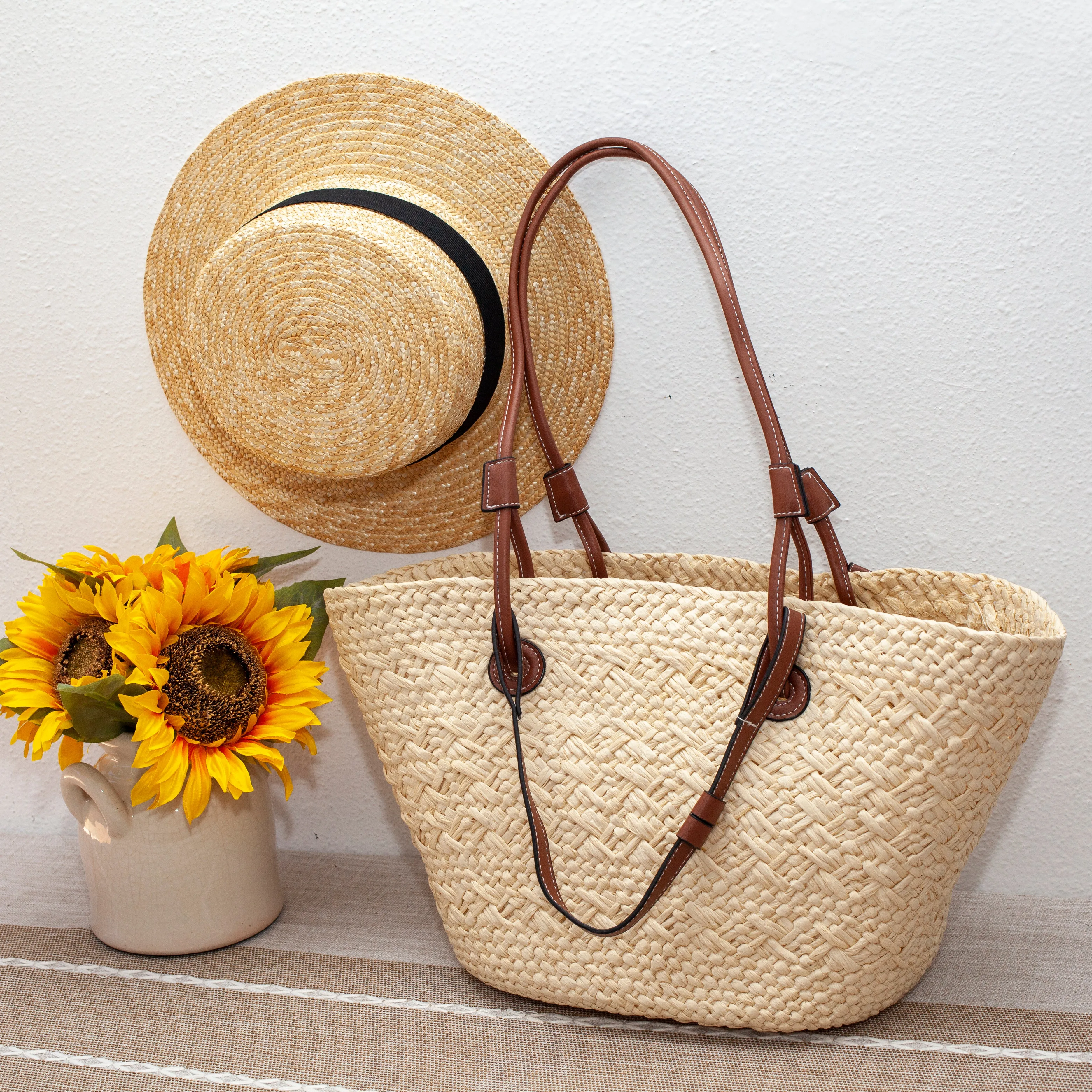 Elena Handbags Straw Basket Summer Beach Tote