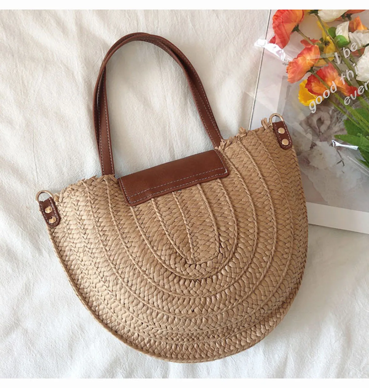 Elena Handbags Straw Half Moon Summer Purse