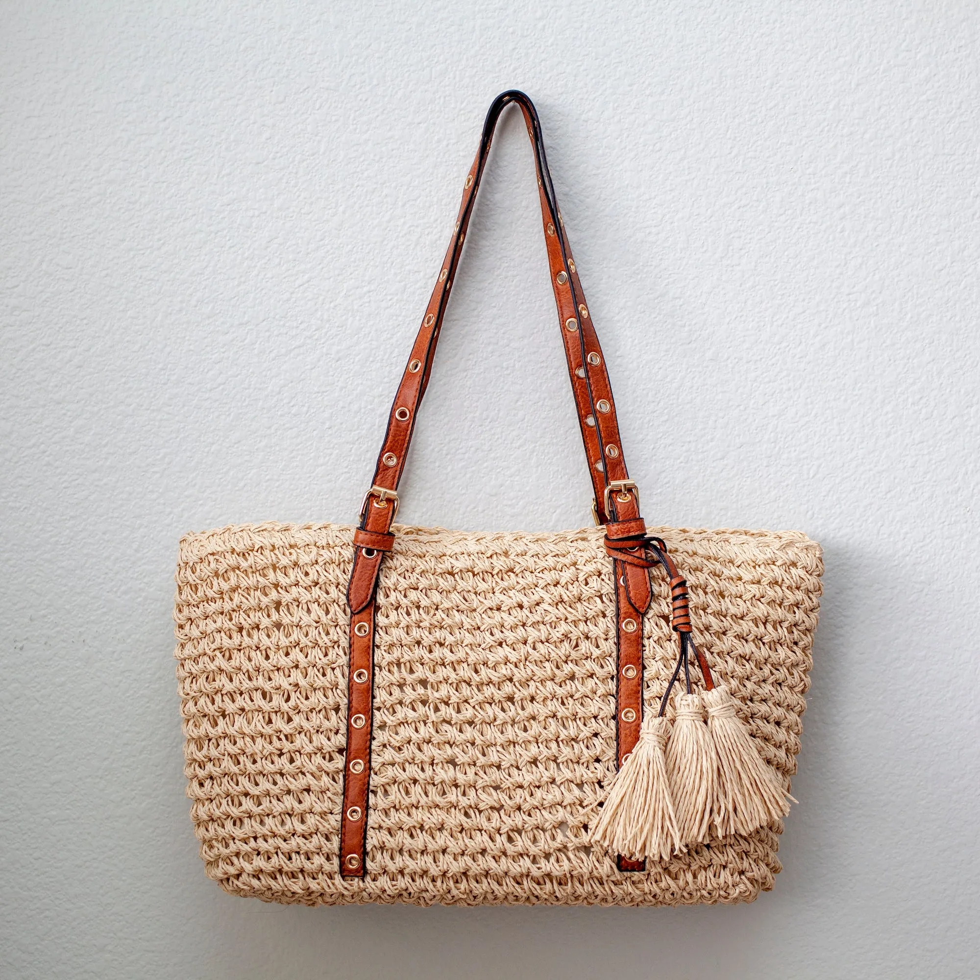 Elena Handbags Straw Woven Tote with Leather Straps