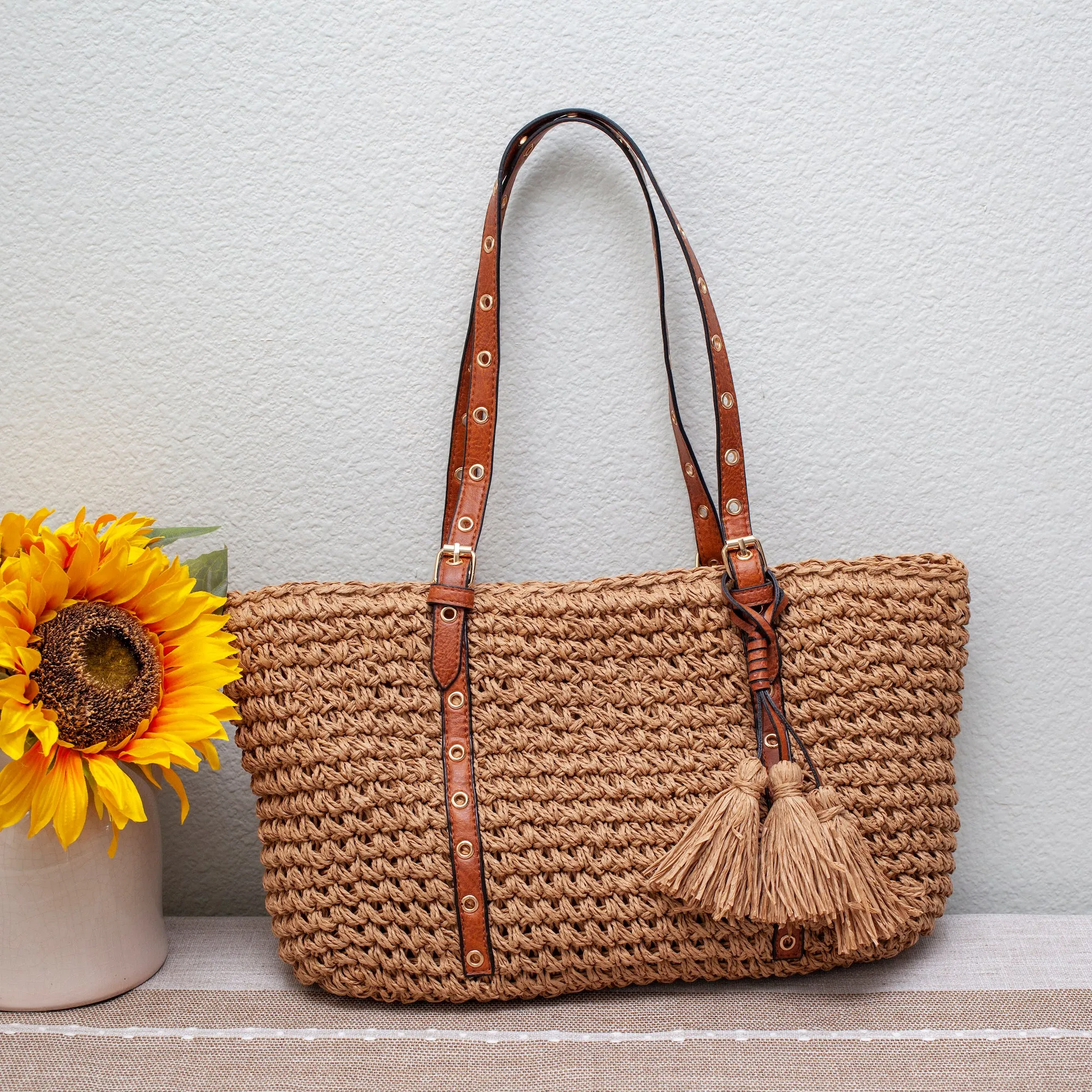 Elena Handbags Straw Woven Tote with Leather Straps