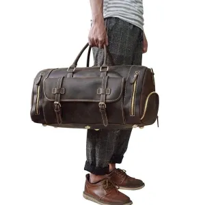 Handmade Full Grain Leather Duffle Bag with shoe Compartment Large Weekend Bag Vacation Holidays Travel Bag Best Men Gift Dark Brown