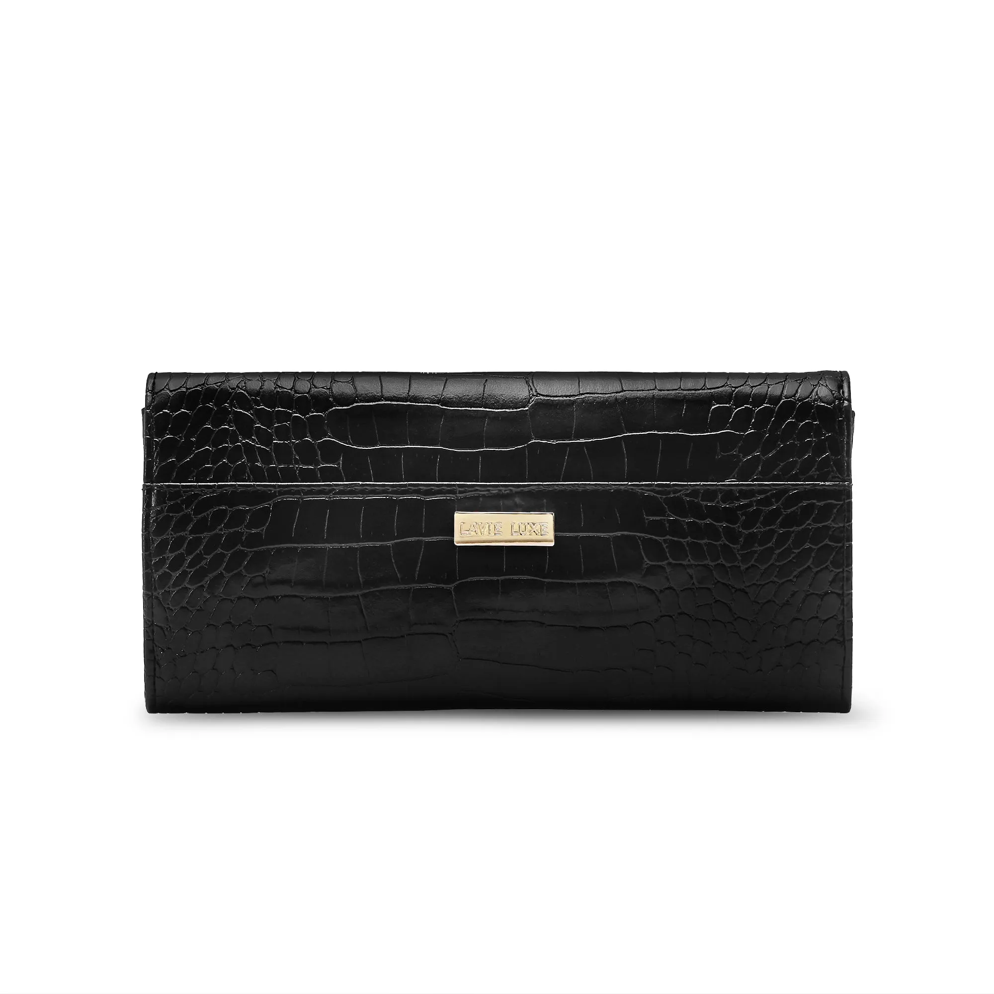 Lavie Luxe Black Large Women's Glossy Dino Envelope Clutch Purse