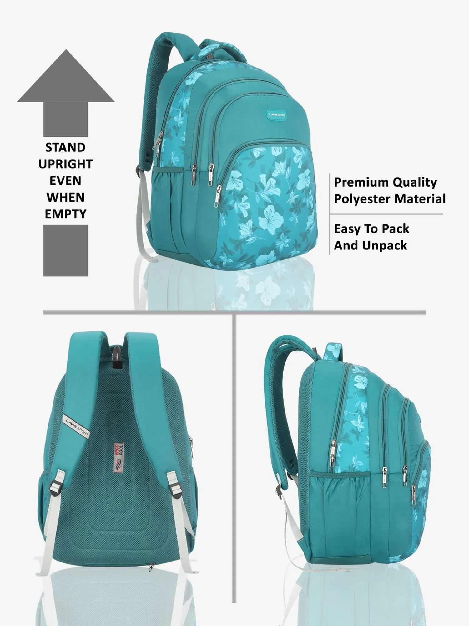 Lavie Sport Cherry Blossom 39L Printed School Backpack with Rain cover for Girls Teal