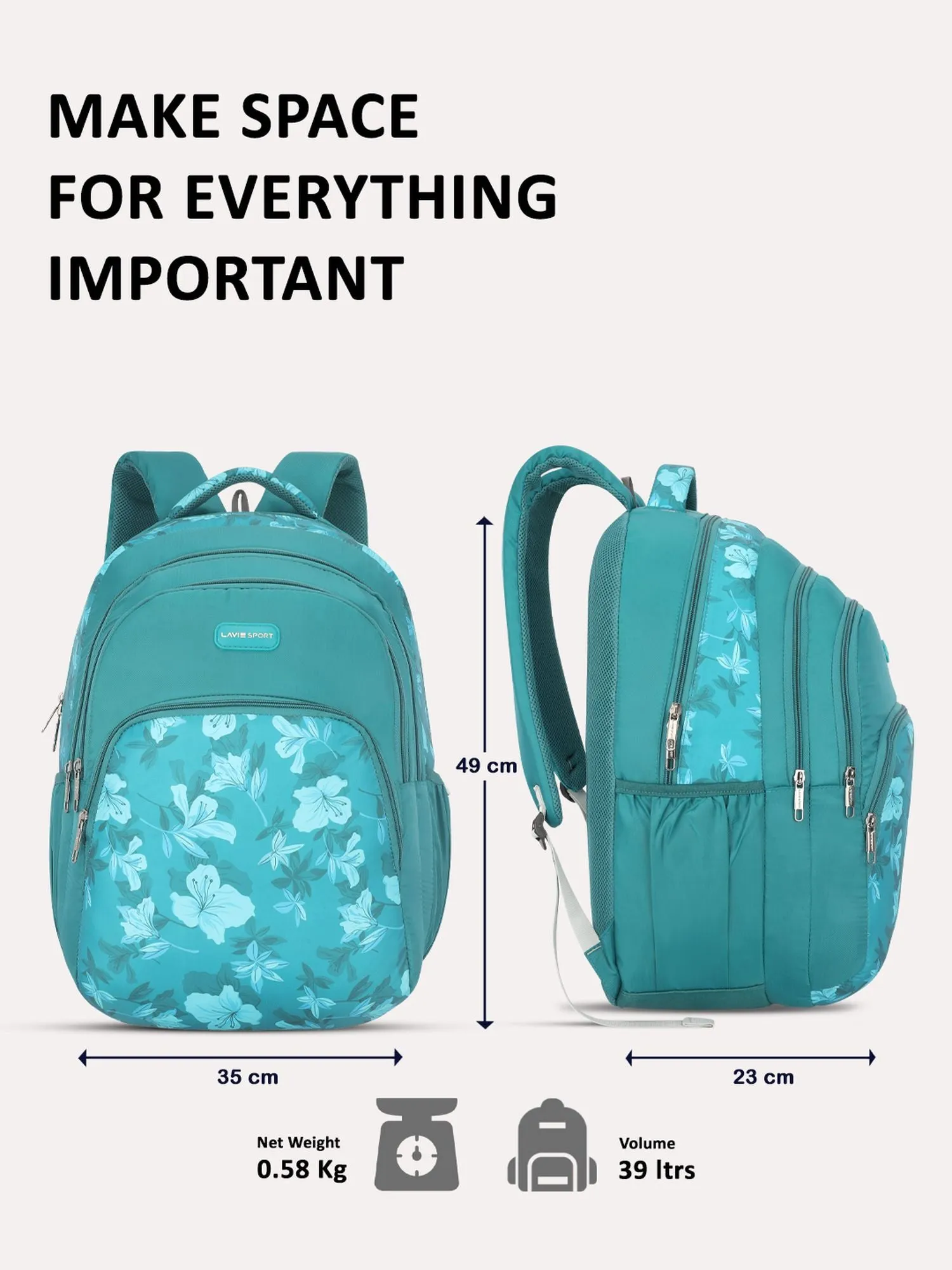 Lavie Sport Cherry Blossom 39L Printed School Backpack with Rain cover for Girls Teal