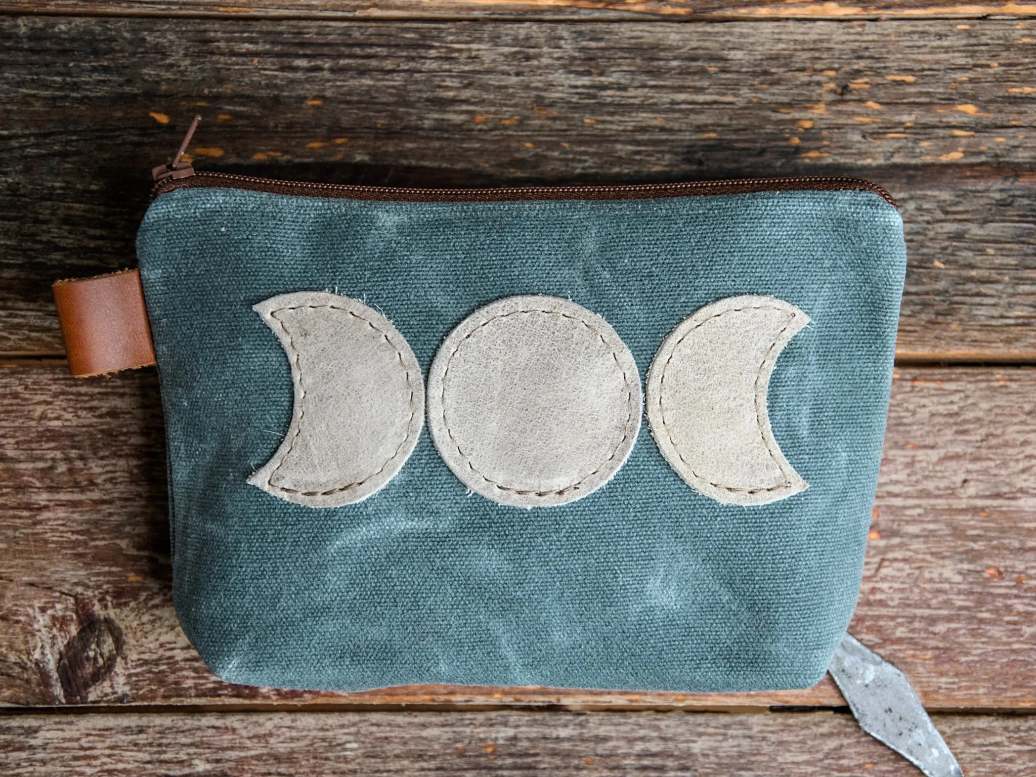 Leather Applique | Handmade Waxed Canvas Zipper Pouch | Luna