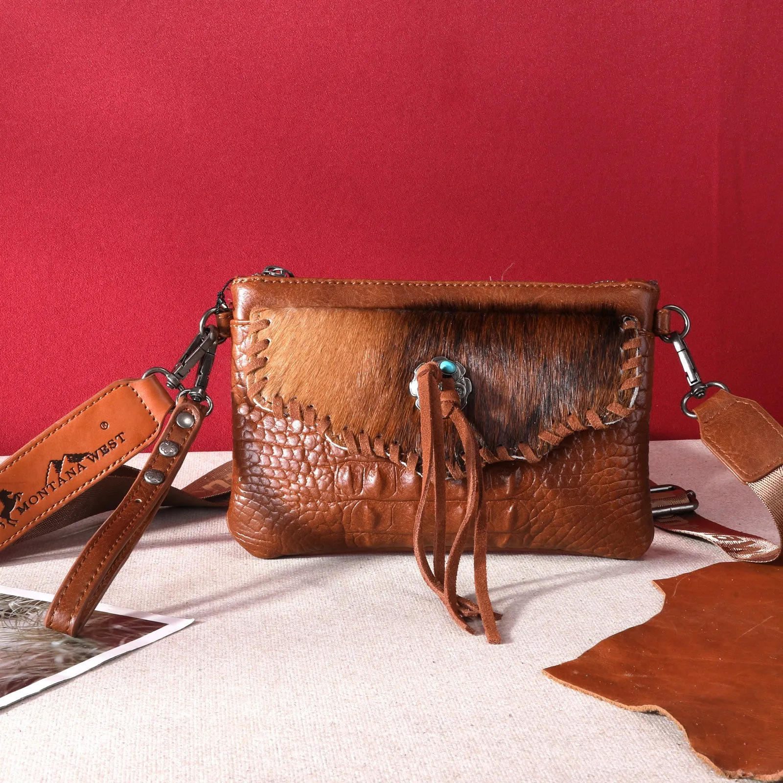 MW1268-181  Montana West Hair-On Cowhide Croc Embossed  Clutch/Crossbody